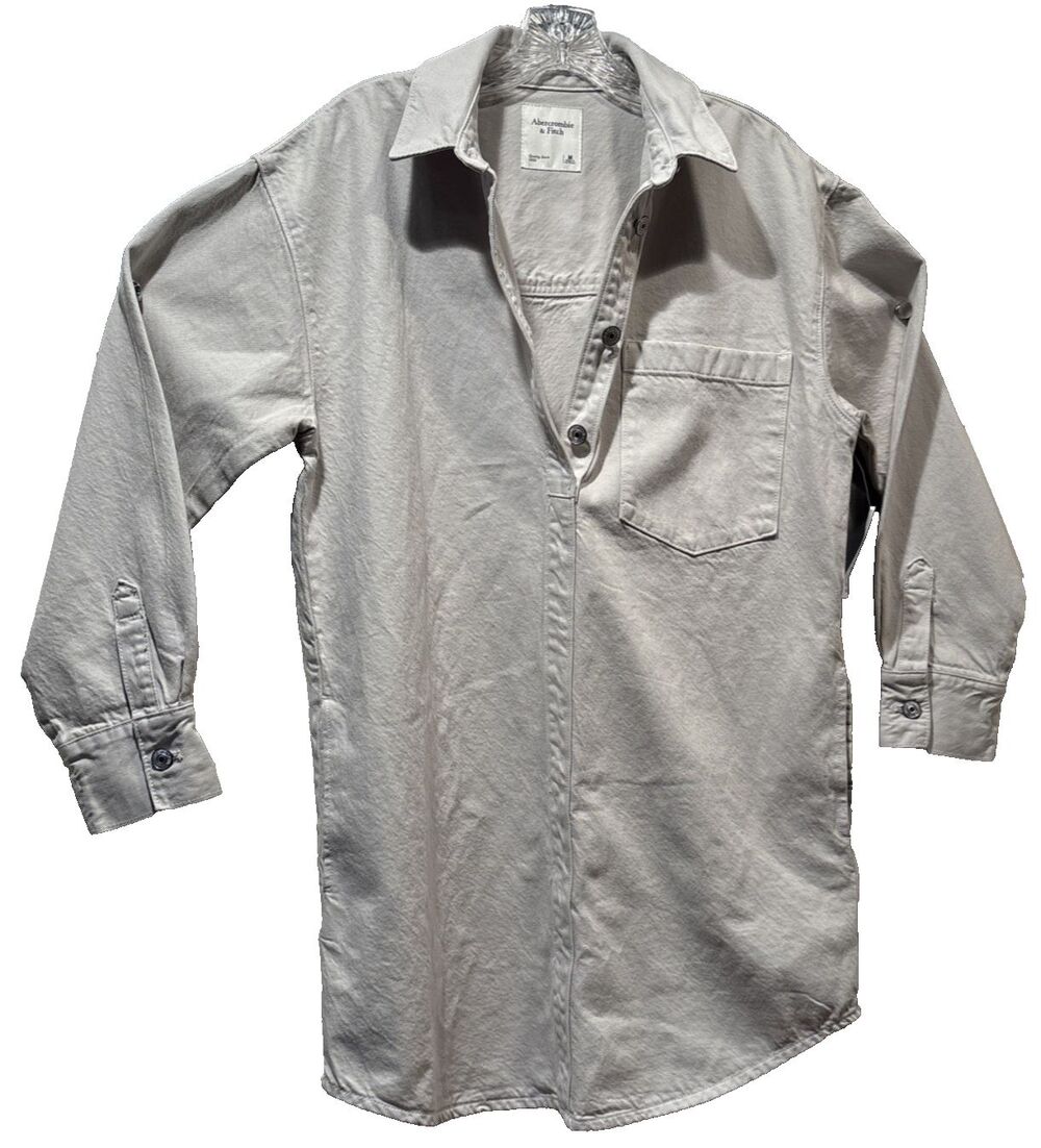 Denim Jacket Dress Abercrombie & Fitch Long Sleeve 4 Button, Pockets Beige M NWT